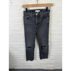 Re/Done Women's High-Rise Straight Leg Crop Jeans Distressed Black Size 26